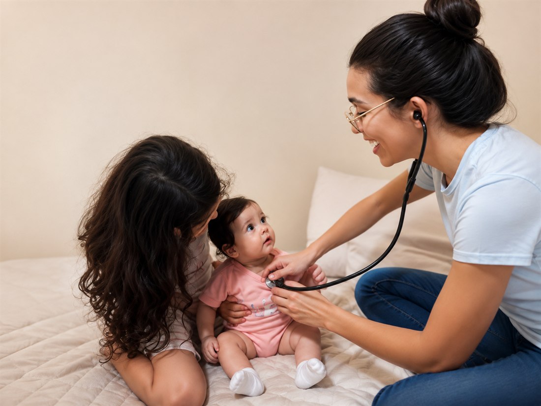 Consulta pediátrica em atendimento domiciliar, com o bebê no colo da mãe